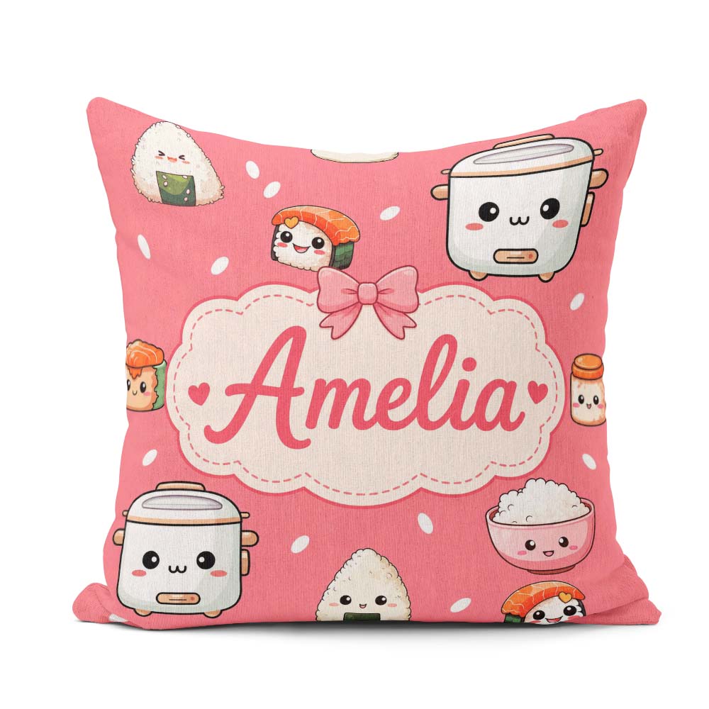 Custom Name Cute Kawaii Sushi Rice Cooker Bowl Coral Background Square Filled Cushion Throw Pillow Sofa Bed Home Decor Zip Washable UK Made