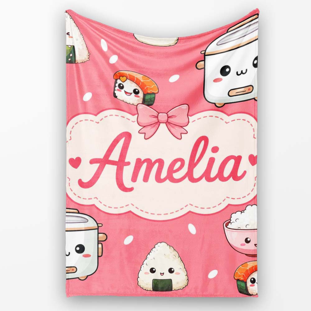 Cute Kawaii Sushi Rice Cooker Bowl Coral Background Seamless Personalised Custom Name Super Soft Fleece Blanket Bed Sofa Throw