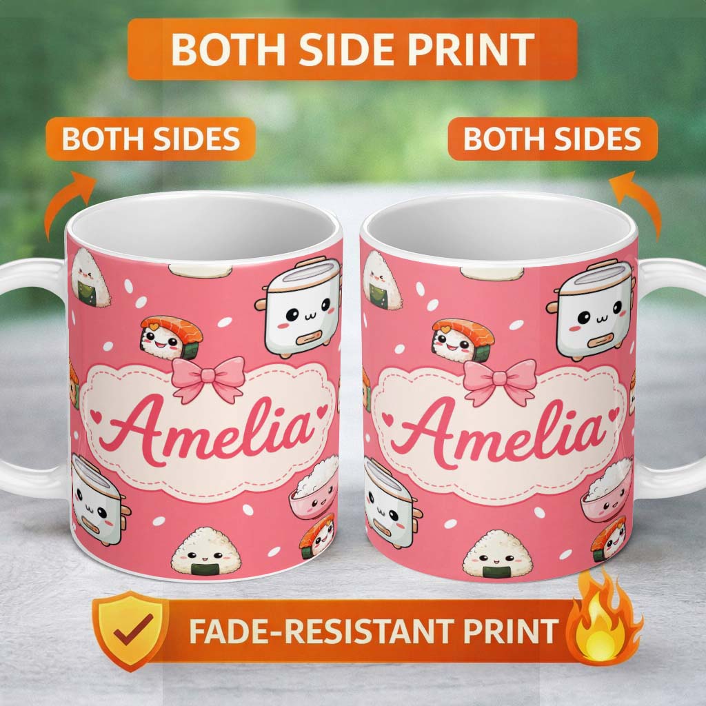 Personalized Custom Name Cute Kawaii Sushi Rice Cooker Bowl Coral Background Seamless 11oz Ceramic Coffee Tea Mug White Large Handle