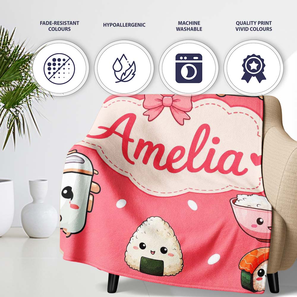 Cute Kawaii Sushi Rice Cooker Bowl Coral Background Seamless Personalised Custom Name Super Soft Fleece Blanket Bed Sofa Throw