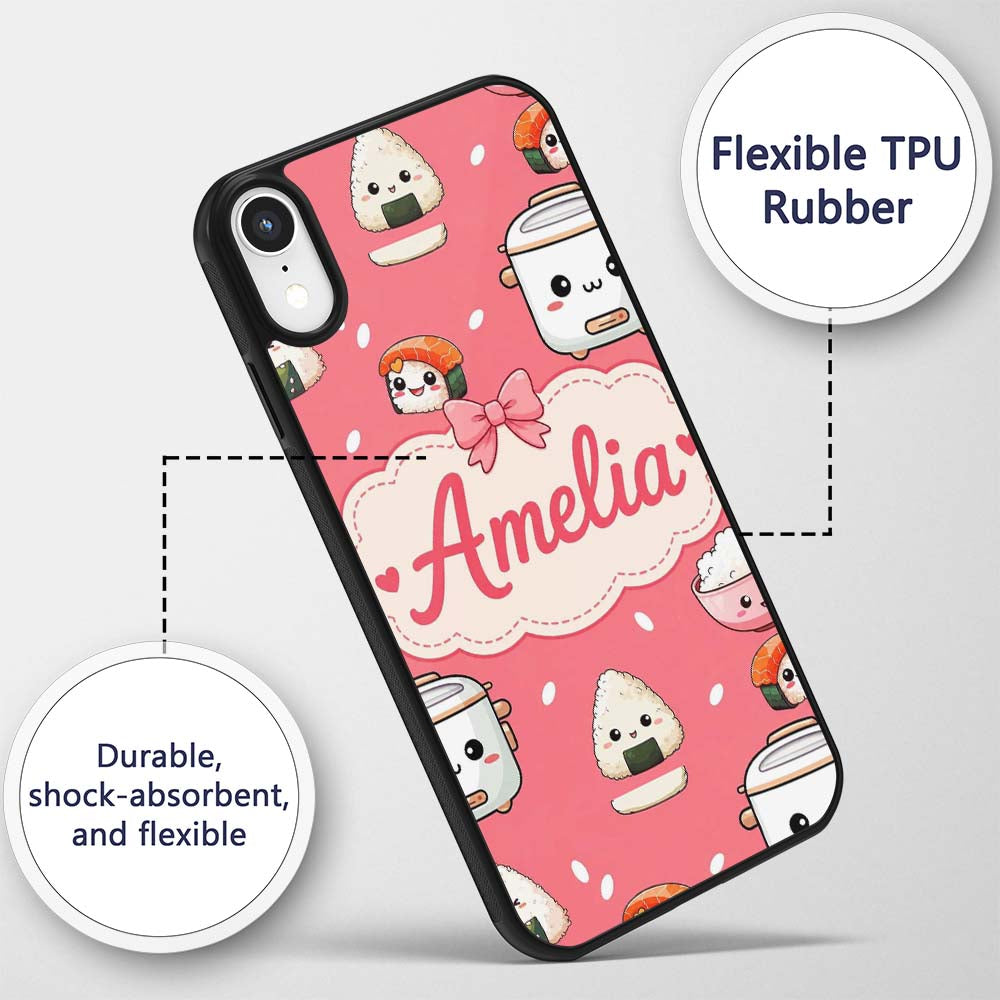 Cute Kawaii Sushi Rice Cooker Bowl Printed Design Custom Name Protective Phone Case Mobile Cover Durable Everyday Smartphone Shock Resistant