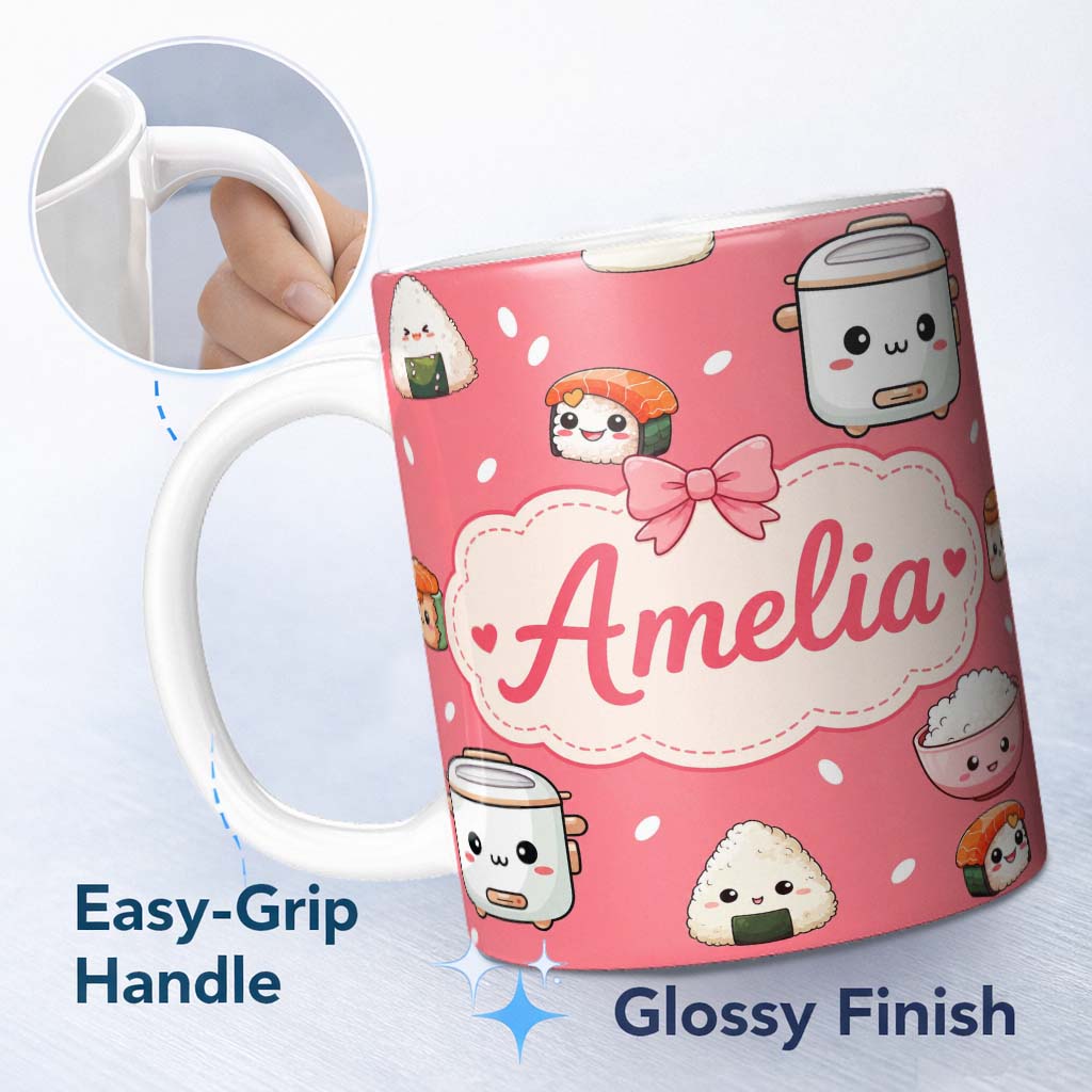 Personalized Custom Name Cute Kawaii Sushi Rice Cooker Bowl Coral Background Seamless 11oz Ceramic Coffee Tea Mug White Large Handle