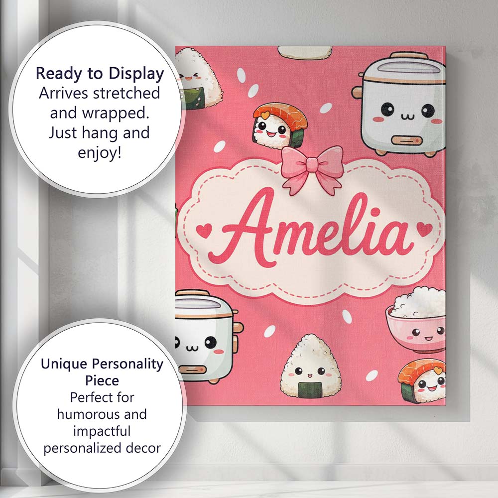 Personalised Name Cute Kawaii Sushi Rice Custom Unique Gift Idea Elegant Feature Canvas Wall Art Print Decor Picture Ready to Hang