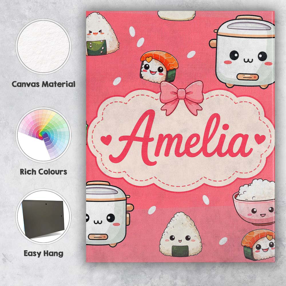 Personalised Name Cute Kawaii Sushi Rice Custom Unique Gift Idea Elegant Feature Canvas Wall Art Print Decor Picture Ready to Hang
