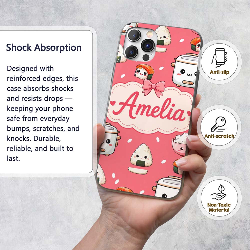Cute Kawaii Sushi Rice Cooker Bowl Printed Design Custom Name Protective Phone Case Mobile Cover Durable Everyday Smartphone Shock Resistant