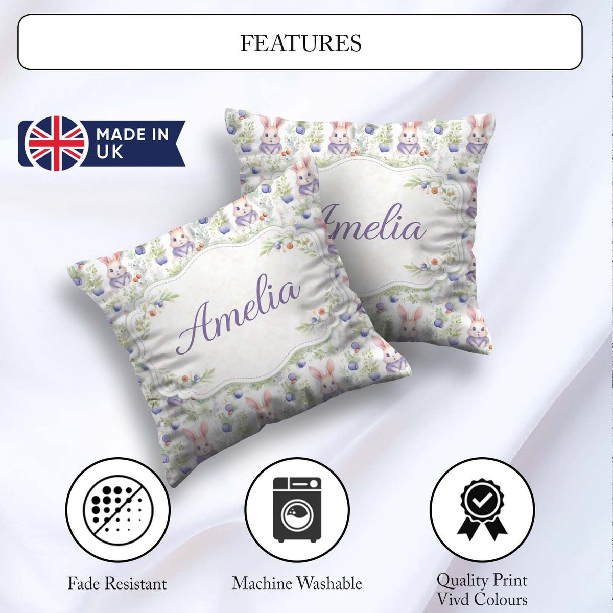 Custom Name Vibrant Abstract Bunny Portrait Seamless Pattern Square Filled Cushion Throw Pillow Sofa Bed Home Decor Zip Washable UK Made