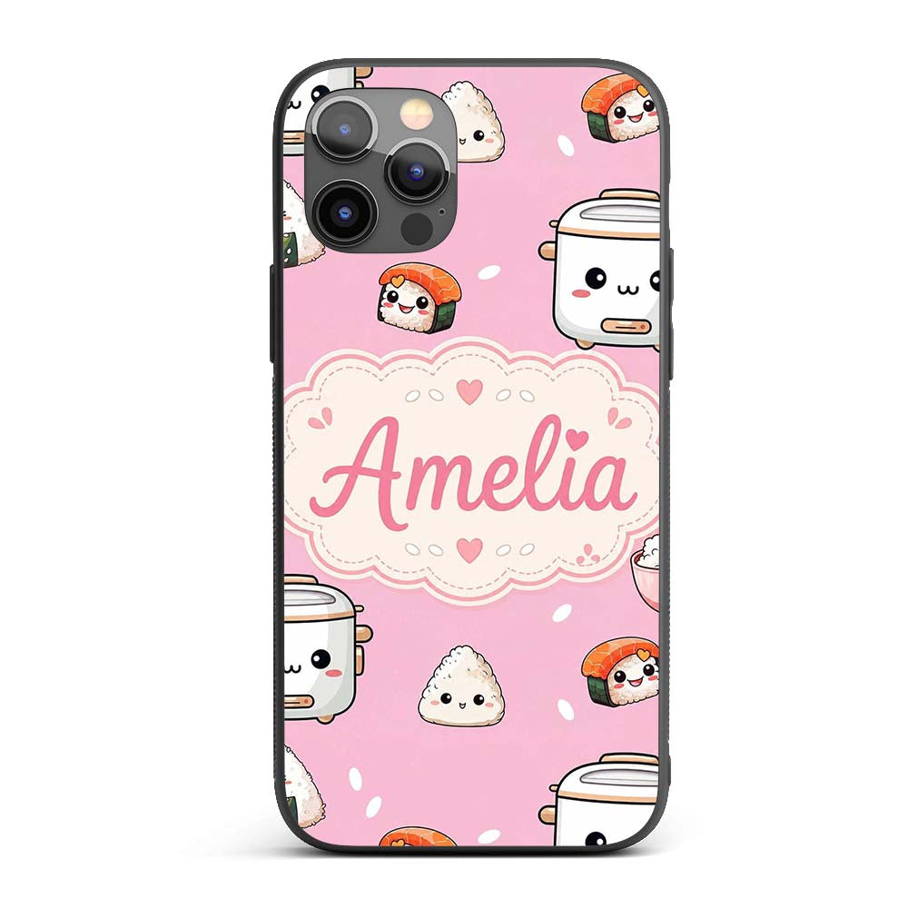Cute Kawaii Sushi Rice Cooker Bowl Printed Design Custom Name Protective Phone Case Mobile Cover Durable Everyday Smartphone Shock Resistant