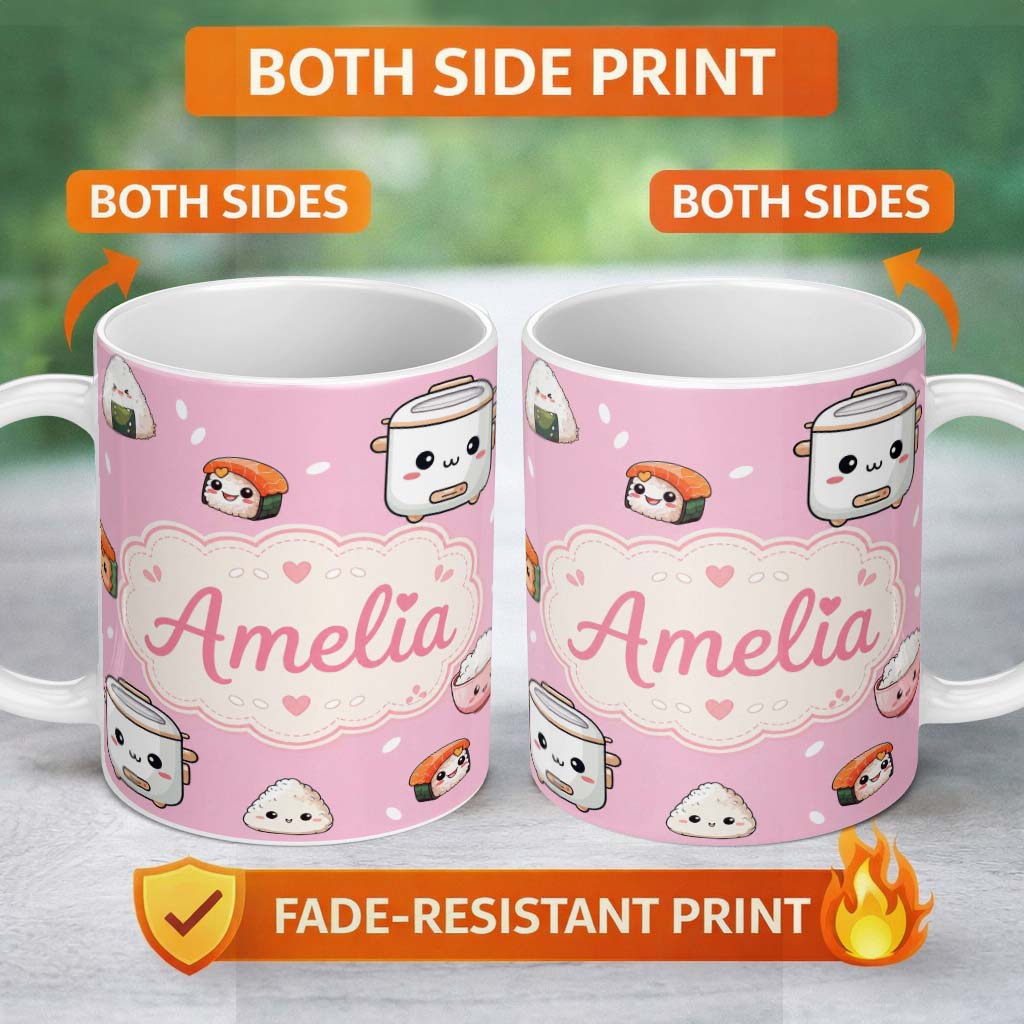 Personalized Custom Name Cute Kawaii Sushi Rice Cooker Bowl Blush Background Seamless 11oz Ceramic Coffee Tea Mug White Large Handle