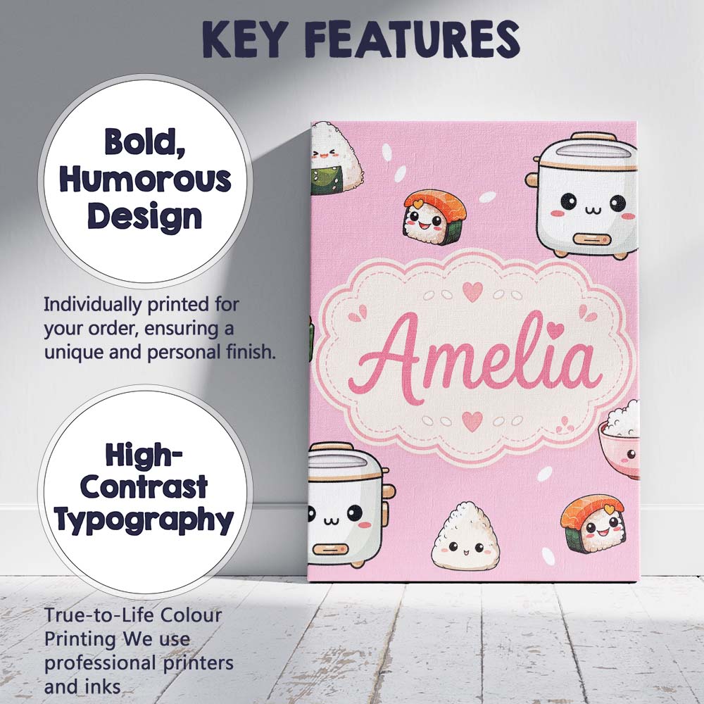 Personalised Name Cute Kawaii Sushi Rice Custom Unique Gift Idea Elegant Feature Canvas Wall Art Print Decor Picture Ready to Hang