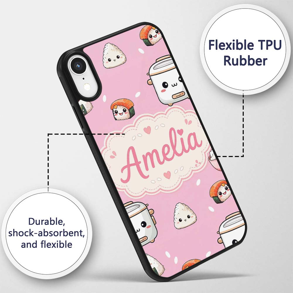 Cute Kawaii Sushi Rice Cooker Bowl Printed Design Custom Name Protective Phone Case Mobile Cover Durable Everyday Smartphone Shock Resistant