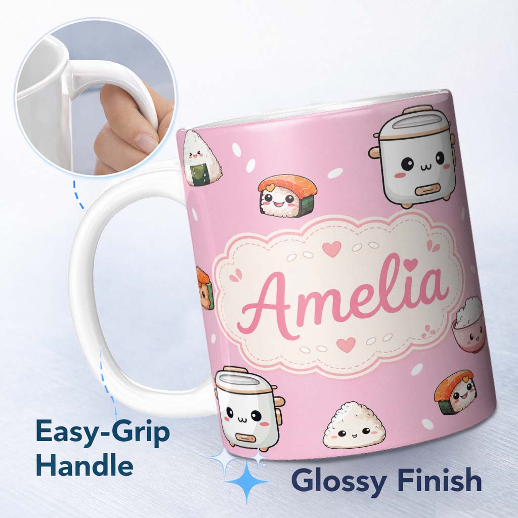 Personalized Custom Name Cute Kawaii Sushi Rice Cooker Bowl Blush Background Seamless 11oz Ceramic Coffee Tea Mug White Large Handle