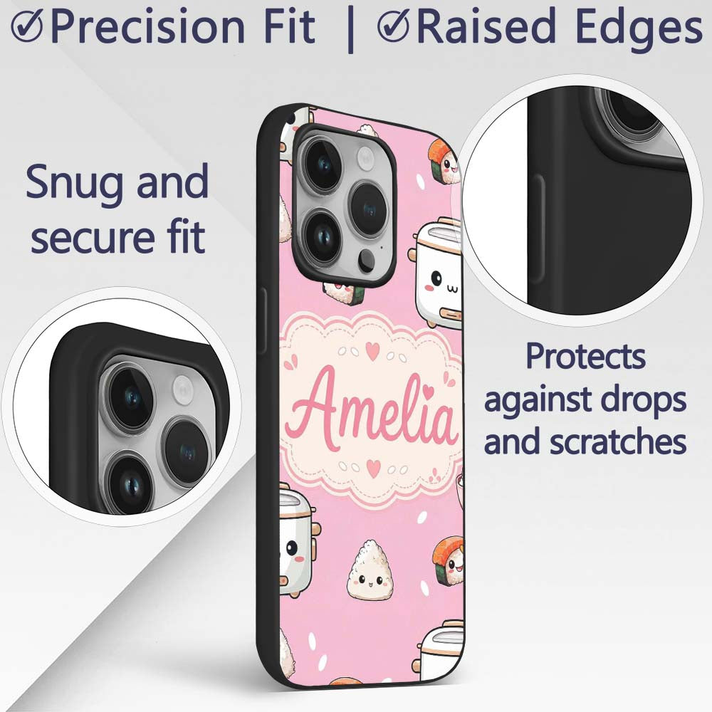 Cute Kawaii Sushi Rice Cooker Bowl Printed Design Custom Name Protective Phone Case Mobile Cover Durable Everyday Smartphone Shock Resistant