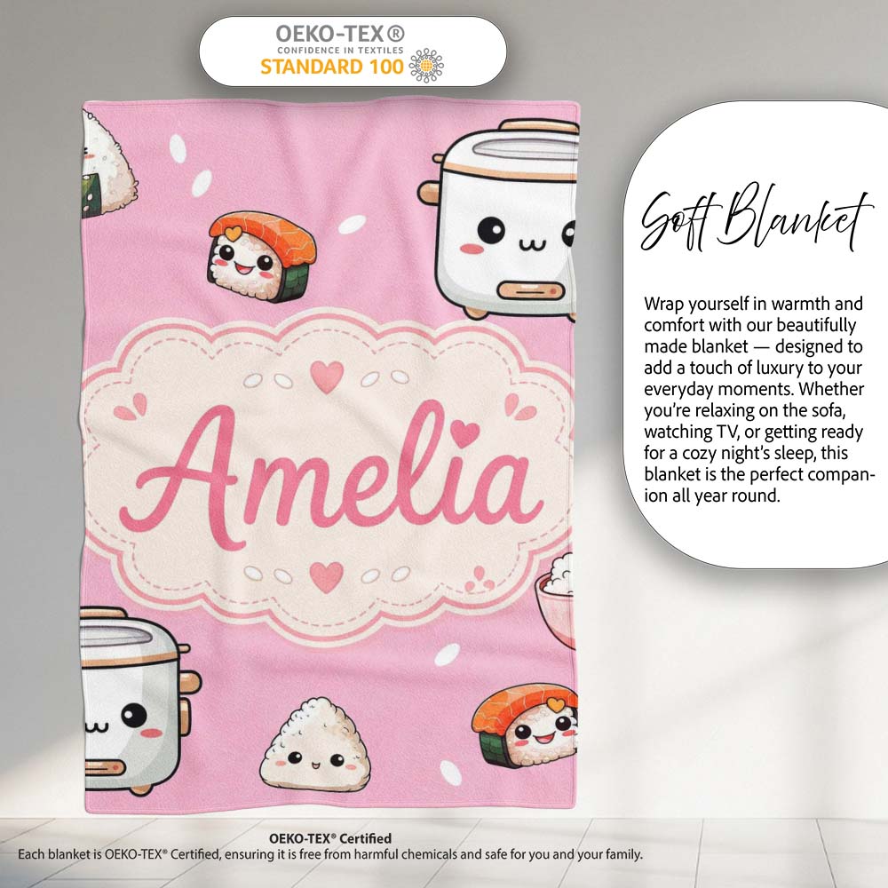Cute Kawaii Sushi Rice Cooker Bowl Blush Background Seamless Personalised Custom Name Super Soft Fleece Blanket Bed Sofa Throw