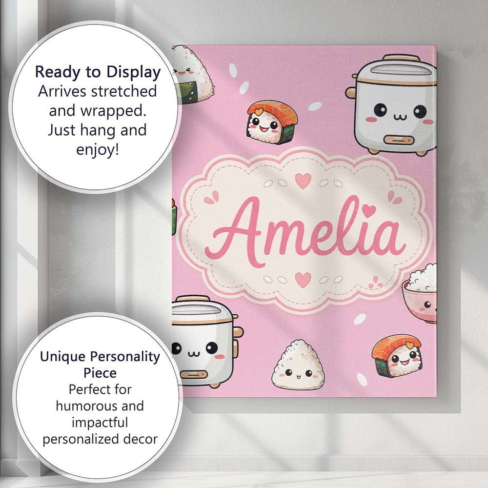 Personalised Name Cute Kawaii Sushi Rice Custom Unique Gift Idea Elegant Feature Canvas Wall Art Print Decor Picture Ready to Hang