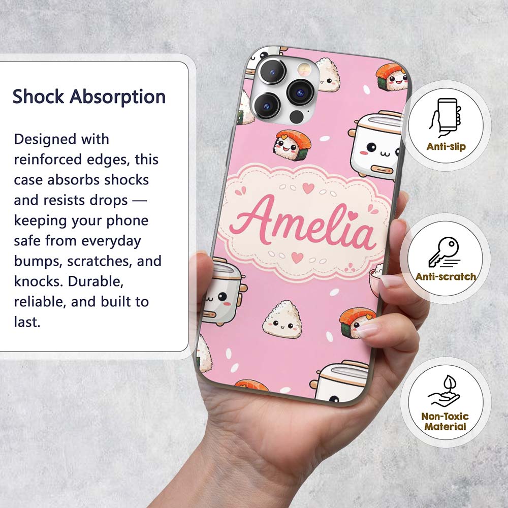 Cute Kawaii Sushi Rice Cooker Bowl Printed Design Custom Name Protective Phone Case Mobile Cover Durable Everyday Smartphone Shock Resistant