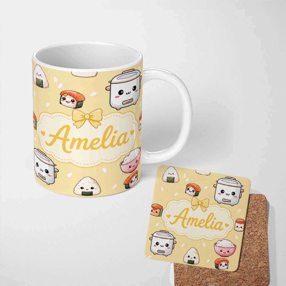 Personalized Custom Name Cute Kawaii Sushi Rice Cooker Bowl Yellow Background Seamless 11oz Ceramic Coffee Tea Mug White Large Handle