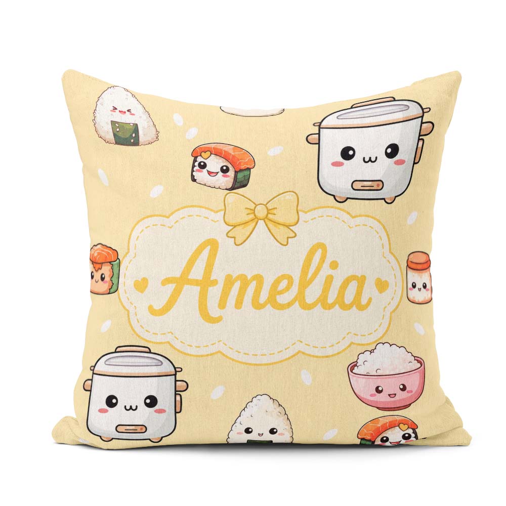 Custom Name Cute Kawaii Sushi Rice Cooker Bowl Yellow Background Square Filled Cushion Throw Pillow Sofa Bed Home Decor Zip Washable UK Made