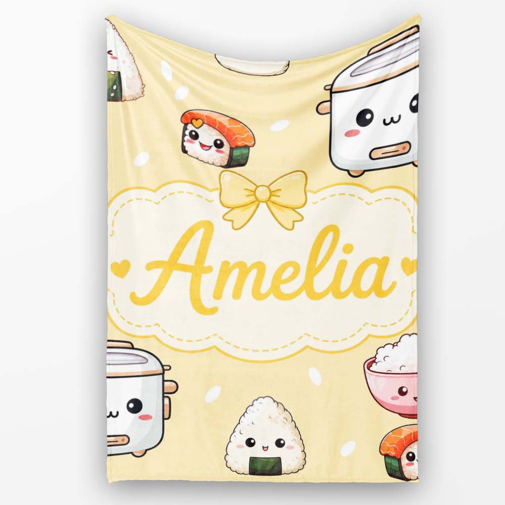 Cute Kawaii Sushi Rice Cooker Bowl Yellow Background Seamless Personalised Custom Name Super Soft Fleece Blanket Bed Sofa Throw