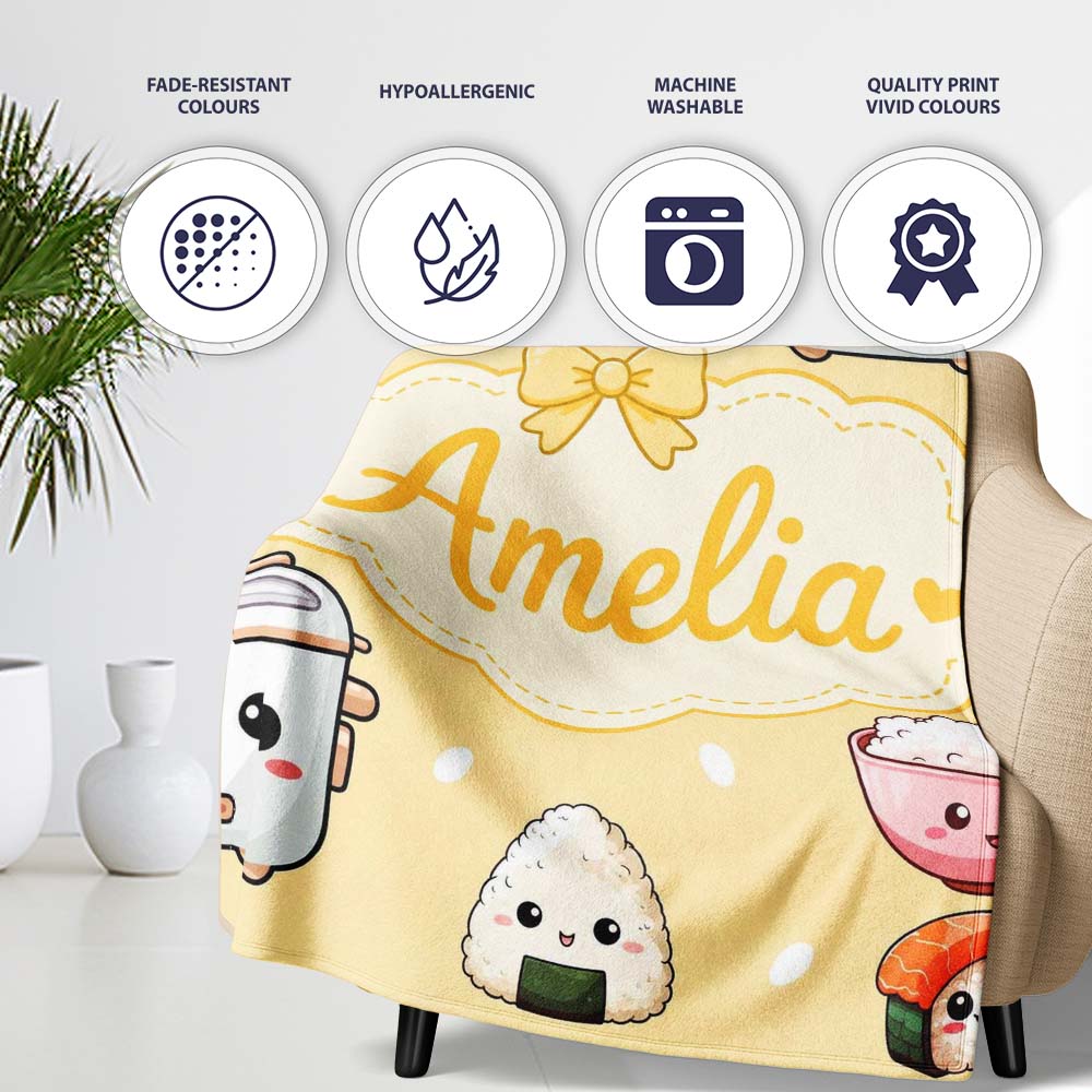 Cute Kawaii Sushi Rice Cooker Bowl Yellow Background Seamless Personalised Custom Name Super Soft Fleece Blanket Bed Sofa Throw