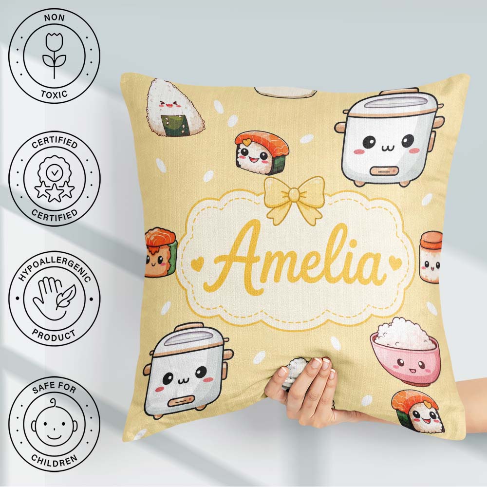 Custom Name Cute Kawaii Sushi Rice Cooker Bowl Yellow Background Square Filled Cushion Throw Pillow Sofa Bed Home Decor Zip Washable UK Made