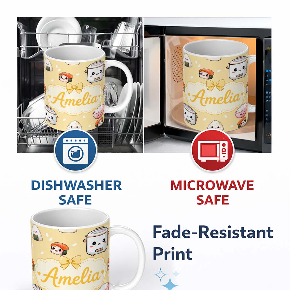 Personalized Custom Name Cute Kawaii Sushi Rice Cooker Bowl Yellow Background Seamless 11oz Ceramic Coffee Tea Mug White Large Handle