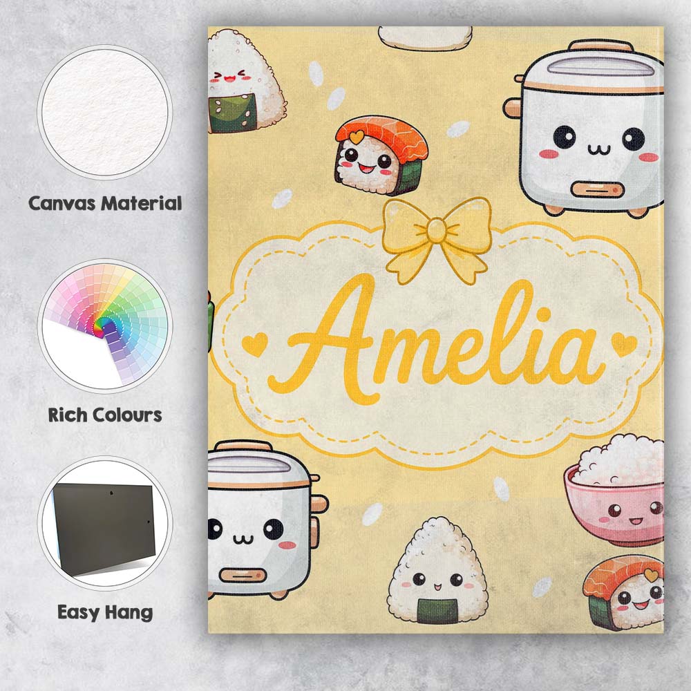 Personalised Name Cute Kawaii Sushi Rice Custom Unique Gift Idea Elegant Feature Canvas Wall Art Print Decor Picture Ready to Hang