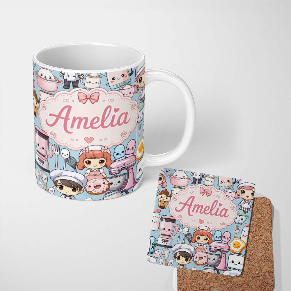 Personalized Custom Name Cute Kawaii Baking Girl Mixer Blender Donut Blue Background 11oz Ceramic Coffee Tea Mug White Large Handle