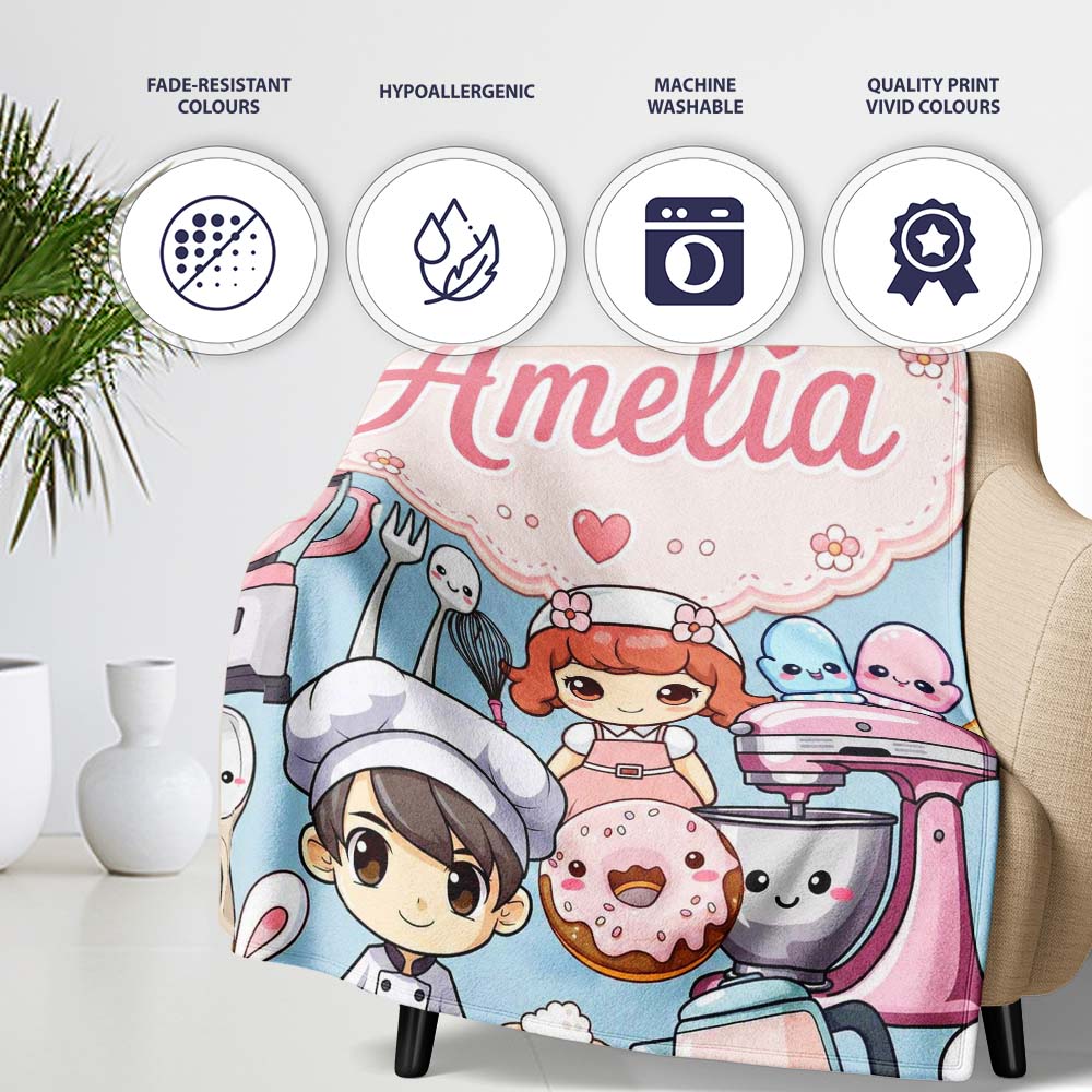 Cute Kawaii Baking Girl Mixer Blender Donut Blue Background Personalised Custom Name Super Soft Fleece Blanket Bed Sofa Throw
