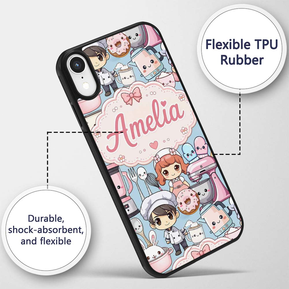 Cute Kawaii Baking Girl Mixer Blender Donut Blue Custom Name Protective Phone Case Mobile Cover Durable Everyday Smartphone Shock Resistant