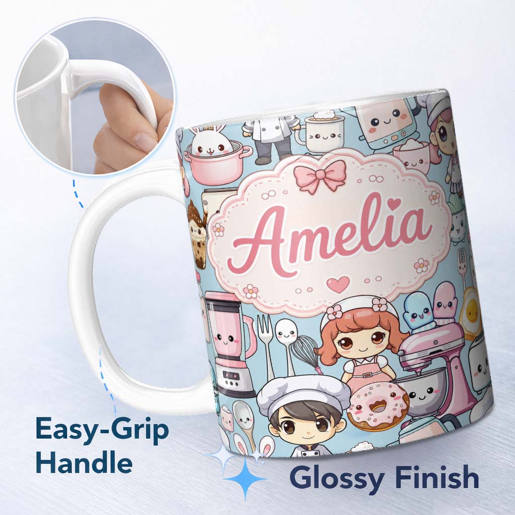 Personalized Custom Name Cute Kawaii Baking Girl Mixer Blender Donut Blue Background 11oz Ceramic Coffee Tea Mug White Large Handle
