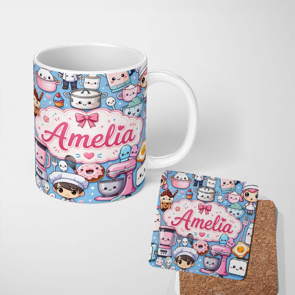 Personalized Custom Name Cute Kawaii Baking Girl Mixer Blender Donut Blue Background 11oz Ceramic Coffee Tea Mug White Large Handle