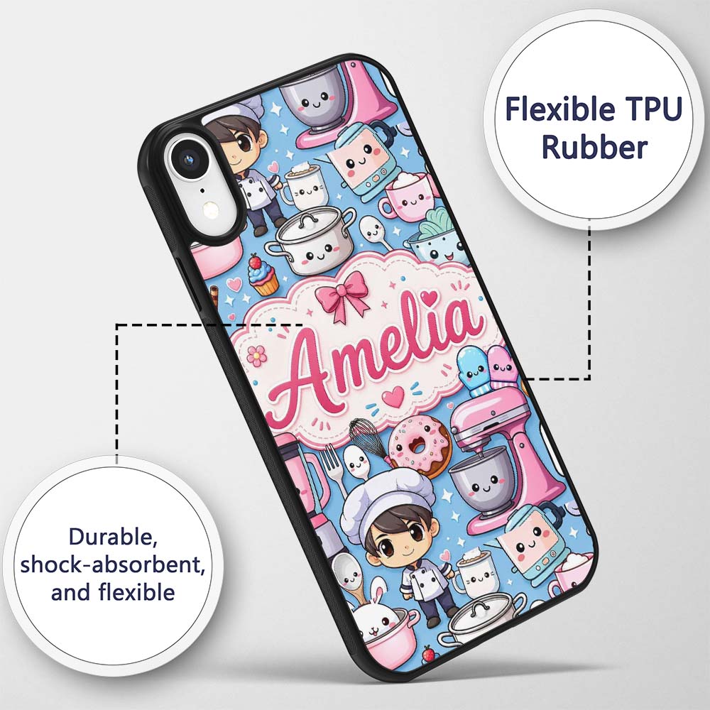 Cute Kawaii Baking Girl Mixer Blender Donut Blue Custom Name Protective Phone Case Mobile Cover Durable Everyday Smartphone Shock Resistant