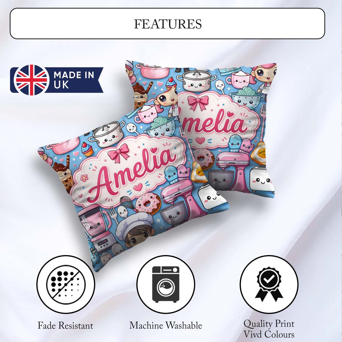 Custom Name Cute Kawaii Girl Mixer Blender Donut Blue Background Square Filled Cushion Throw Pillow Sofa Bed Home Decor Zip Washable UK Made