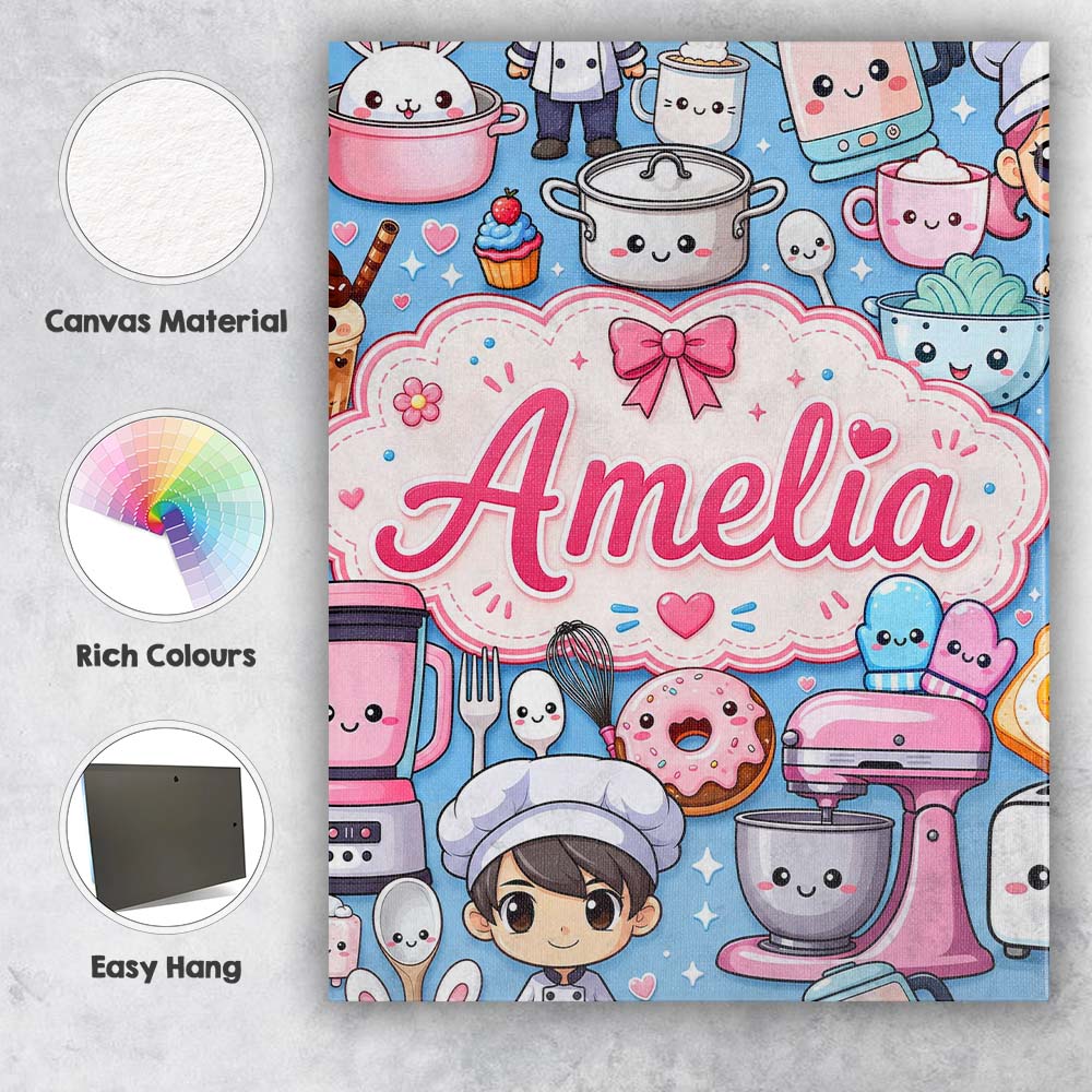 Personalised Name Cute Kawaii Baking Girl Custom Unique Gift Idea Elegant Feature Canvas Wall Art Print Decor Picture Ready to Hang