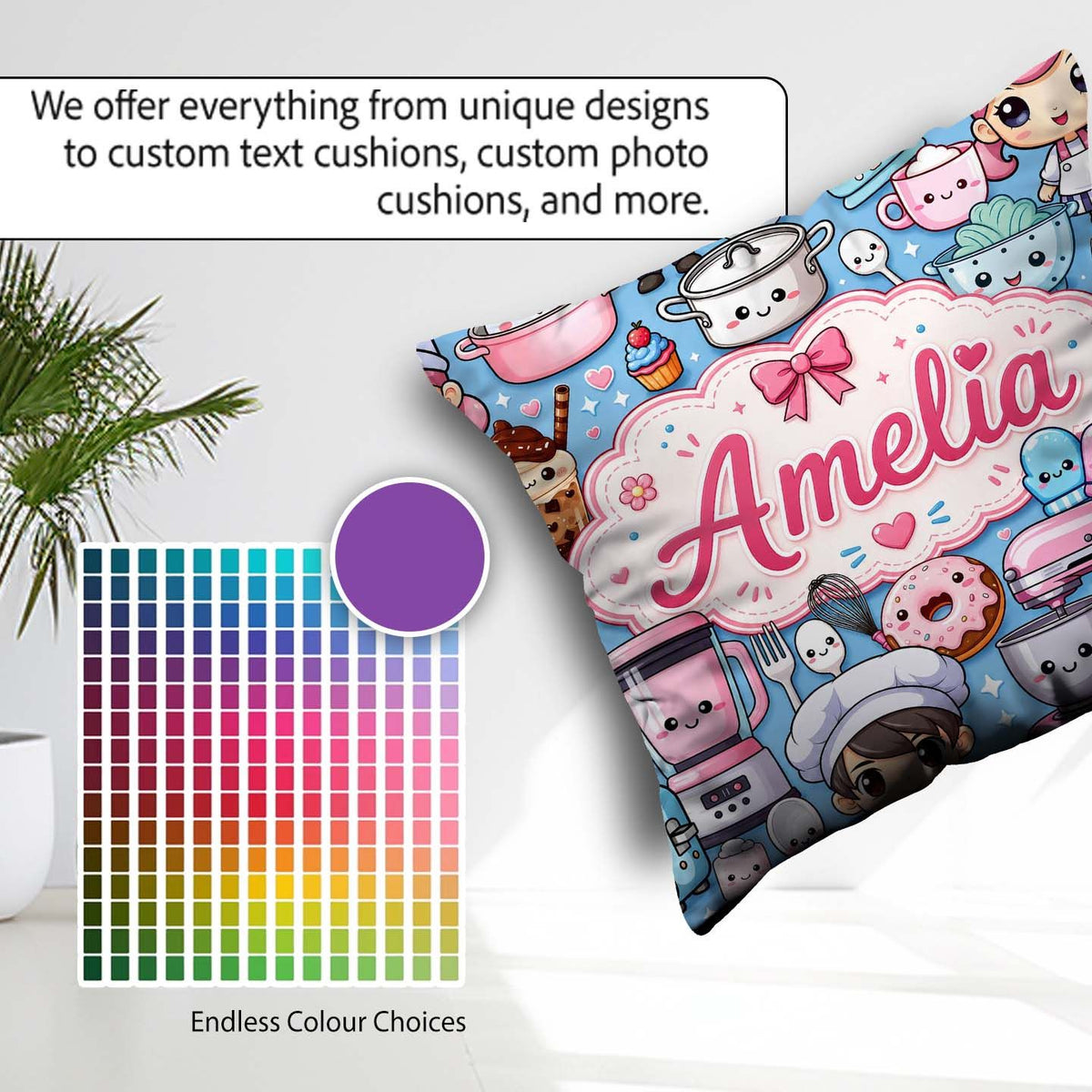 Custom Name Cute Kawaii Girl Mixer Blender Donut Blue Background Square Filled Cushion Throw Pillow Sofa Bed Home Decor Zip Washable UK Made