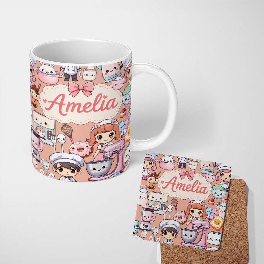 Personalized Custom Name Cute Kawaii Baking Girl Mixer Blender Donut Peach Background 11oz Ceramic Coffee Tea Mug White Large Handle