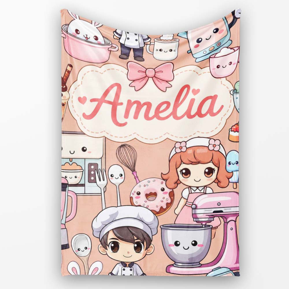 Cute Kawaii Baking Girl Mixer Blender Donut Peach Background Personalised Custom Name Super Soft Fleece Blanket Bed Sofa Throw