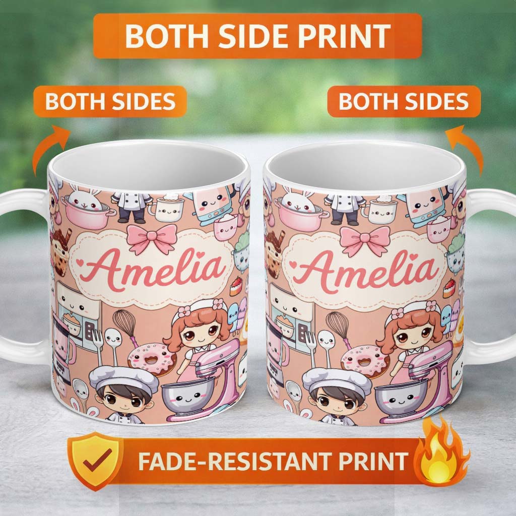 Personalized Custom Name Cute Kawaii Baking Girl Mixer Blender Donut Peach Background 11oz Ceramic Coffee Tea Mug White Large Handle