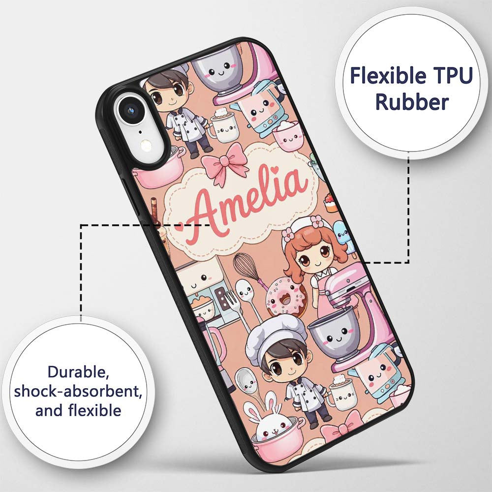 Cute Kawaii Baking Girl Mixer Blender Donut Peach Custom Name Protective Phone Case Mobile Cover Durable Everyday Smartphone Shock Resistant