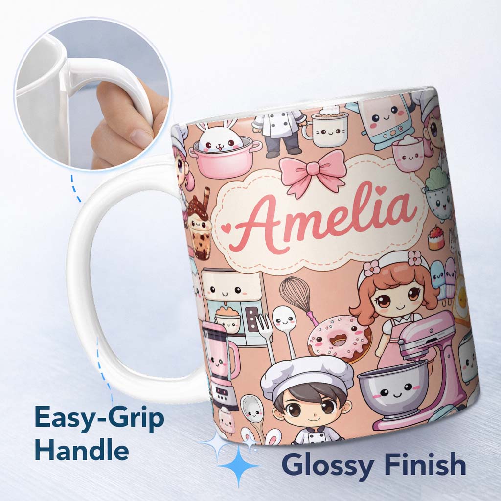 Personalized Custom Name Cute Kawaii Baking Girl Mixer Blender Donut Peach Background 11oz Ceramic Coffee Tea Mug White Large Handle