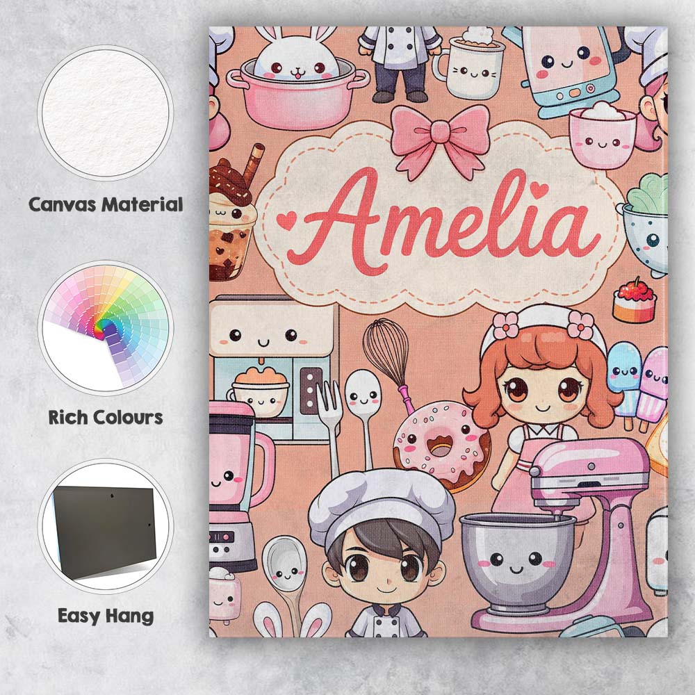 Personalised Name Cute Kawaii Baking Girl Custom Unique Gift Idea Elegant Feature Canvas Wall Art Print Decor Picture Ready to Hang