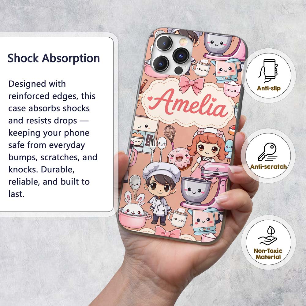 Cute Kawaii Baking Girl Mixer Blender Donut Peach Custom Name Protective Phone Case Mobile Cover Durable Everyday Smartphone Shock Resistant