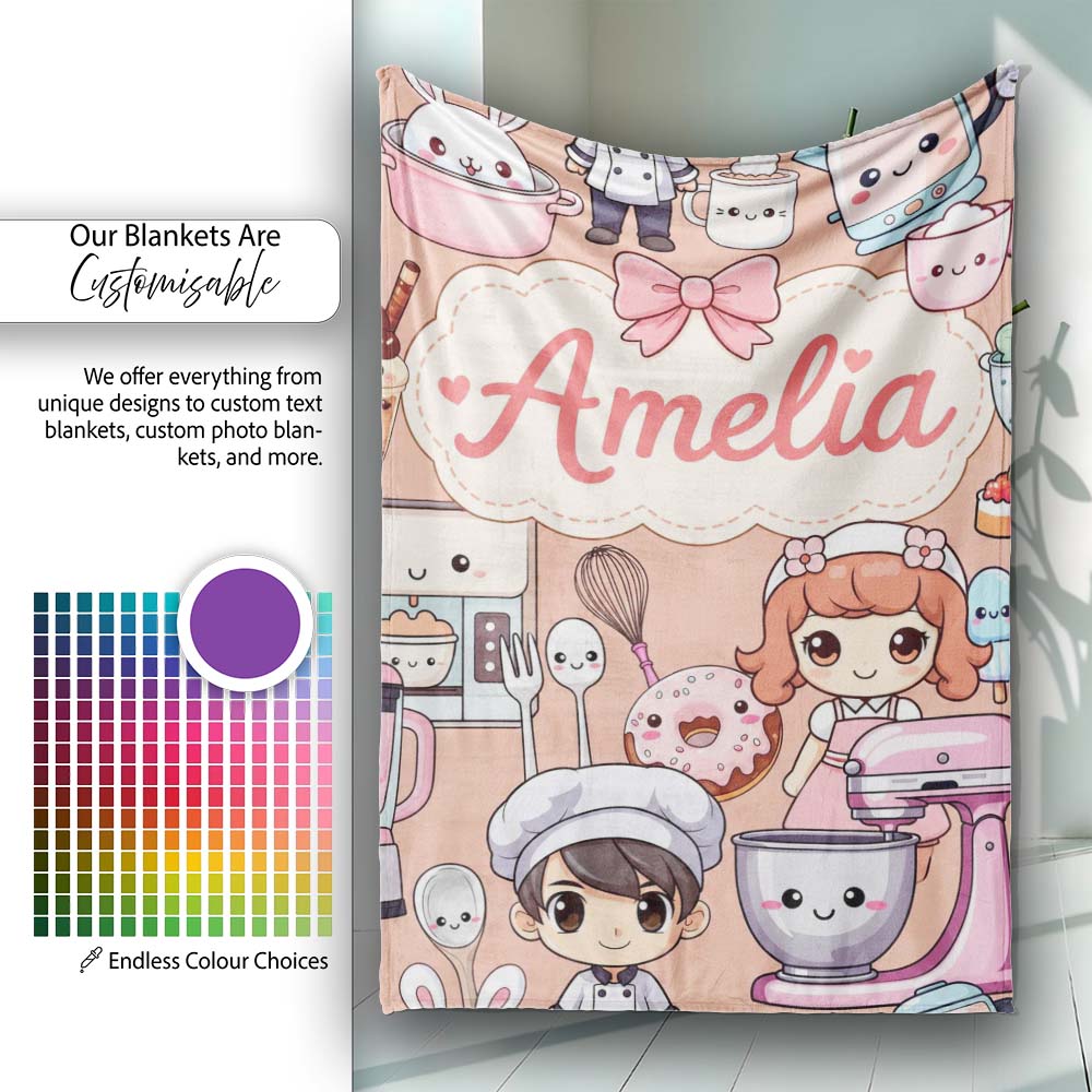 Cute Kawaii Baking Girl Mixer Blender Donut Peach Background Personalised Custom Name Super Soft Fleece Blanket Bed Sofa Throw