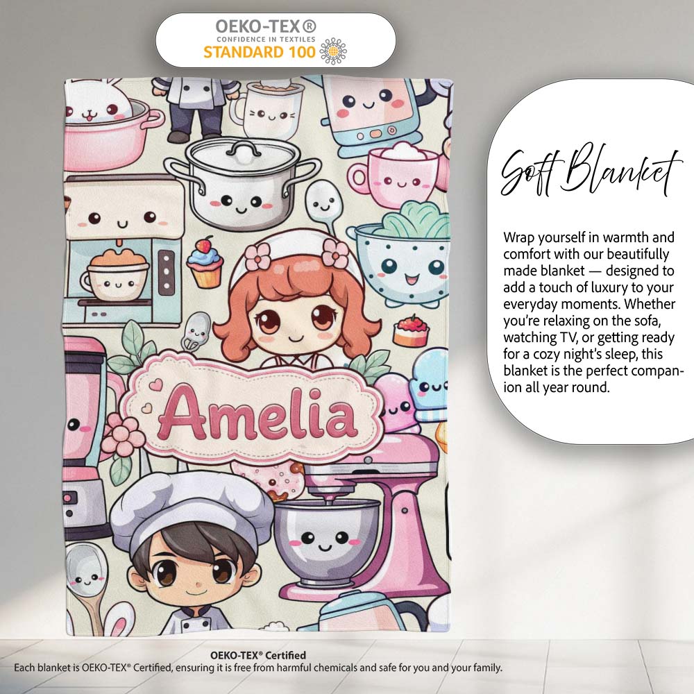 Cute Kawaii Baking Girl Mixer Blender Donut Cream Background Personalised Custom Name Super Soft Fleece Blanket Bed Sofa Throw