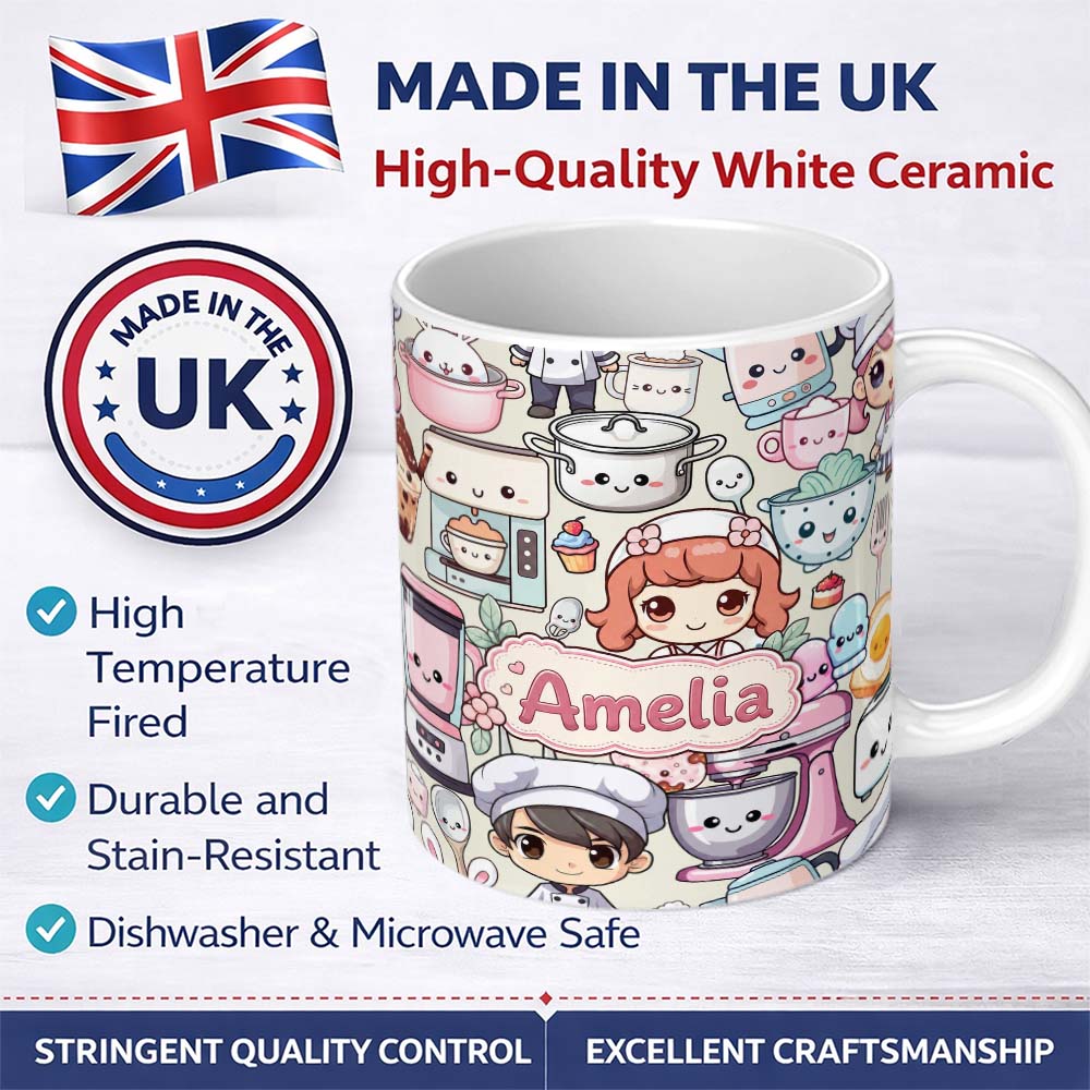 Personalized Custom Name Cute Kawaii Baking Girl Mixer Blender Donut Cream Background 11oz Ceramic Coffee Tea Mug White Large Handle