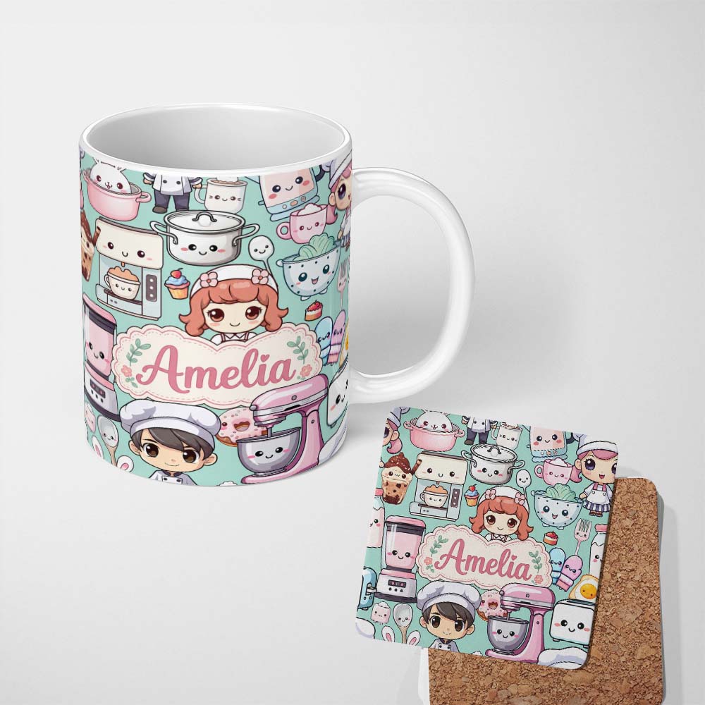 Personalized Custom Name Cute Kawaii Baking Girl Mixer Blender Donut Mint Background 11oz Ceramic Coffee Tea Mug White Large Handle
