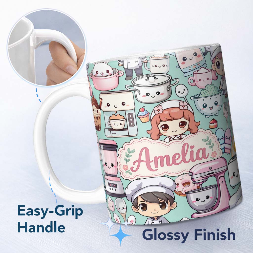 Personalized Custom Name Cute Kawaii Baking Girl Mixer Blender Donut Mint Background 11oz Ceramic Coffee Tea Mug White Large Handle