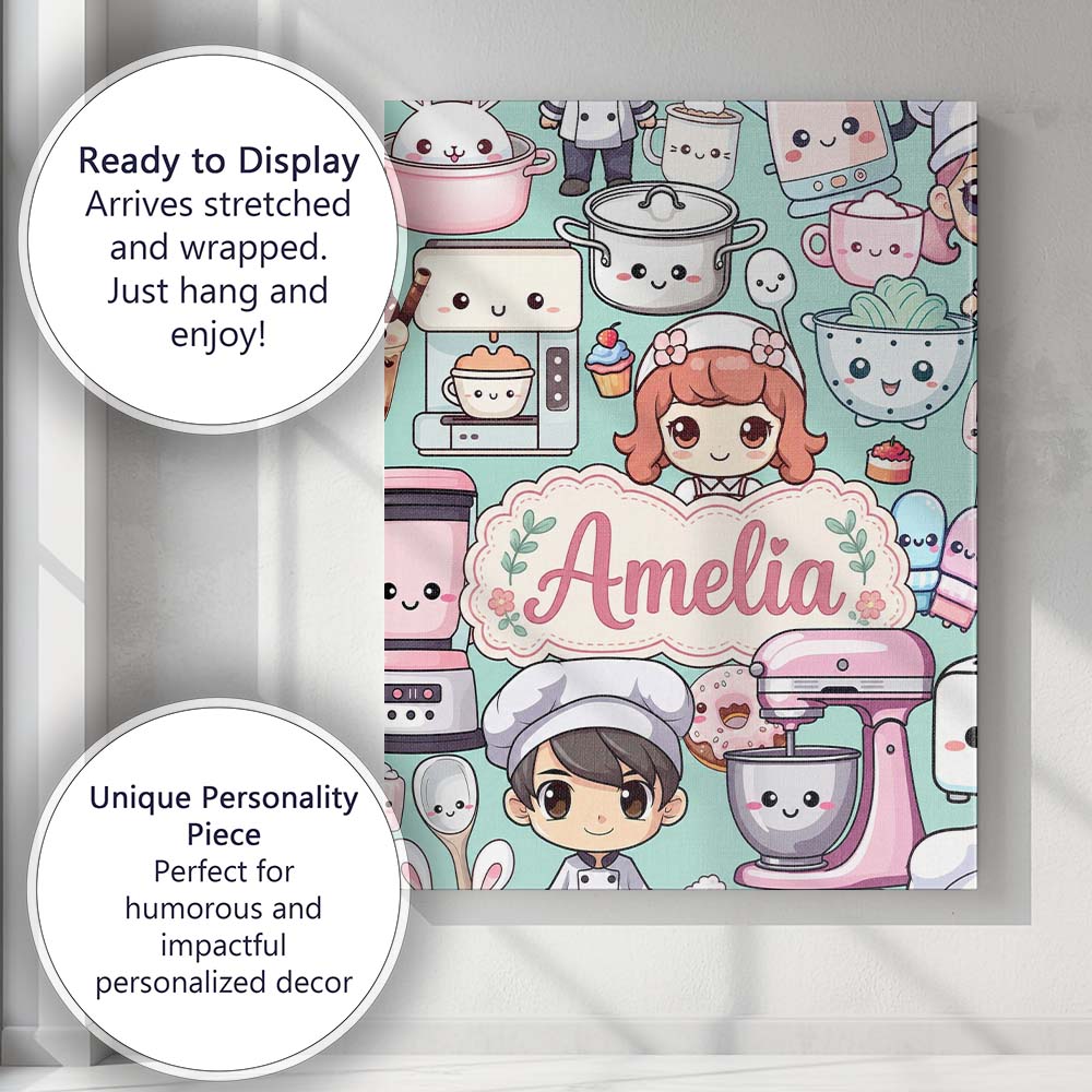 Personalised Name Cute Kawaii Baking Girl Custom Unique Gift Idea Elegant Feature Canvas Wall Art Print Decor Picture Ready to Hang