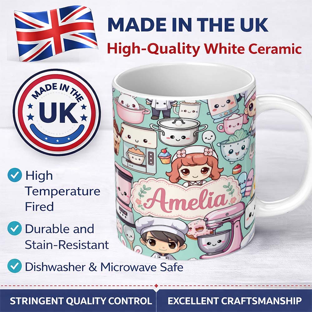 Personalized Custom Name Cute Kawaii Baking Girl Mixer Blender Donut Mint Background 11oz Ceramic Coffee Tea Mug White Large Handle