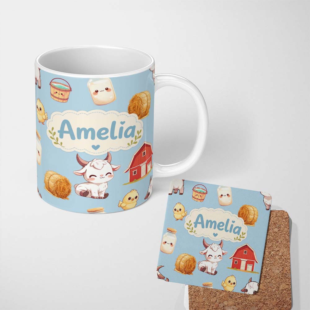 Personalized Custom Name Cute Farm Goat Barn Hay Bale Chick Blue Background Seamless Pattern 11oz Ceramic Coffee Tea Mug White Large Handle